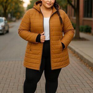 HFX Quilted Puffer Coat 2X Jacket Plus XXL Camel Tan Lightweight 3/4 Length